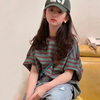 韩国童装男童女童条纹T恤2024夏装儿童短袖拼色t中大童宽松上衣潮