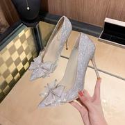 法式名媛水晶鞋2024银色，婚鞋水钻蝴蝶结，尖头高跟鞋女细跟单鞋