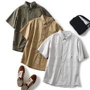 工装短袖衬衫男款夏季纯棉宽松衬衣美式复古休闲潮流纯色薄款半袖