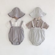 ins2024夏韩版婴儿纯棉格子吊带+帽子+短袖衬衫男女宝宝三件套装