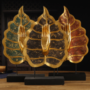 泰国木雕摆件东南亚风格实木菩提叶佛手书房办公室复古装饰工艺品