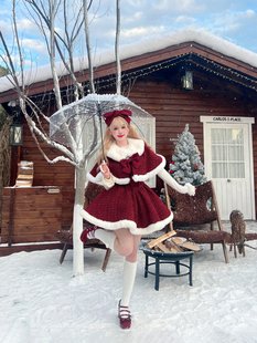 纯欲风圣诞节套装洛丽塔红色，蝴蝶结斗篷外套，针织打底衣吊带连衣裙