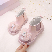 儿童皮靴女童冬季加绒保暖中筒靴爱莎公主粉色蝴蝶结宝宝礼物