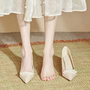 法式单鞋女粗跟尖头旗袍伴娘，鞋日常可穿舒适浅色，高跟鞋女气质仙女