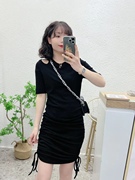 韩版黑色抽绳性感连衣裙女2023年修身显瘦设计感小个子裙