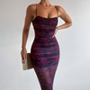 instunning欧美复古印花连衣裙女高级感纱网拼接长裙子紫色吊带裙