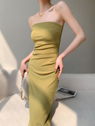 JWUNIQUE绿色抹胸连衣裙女夏季2023收腰显瘦设计感中长款裙子