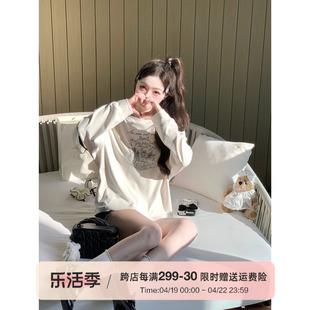 q女家少女画报百搭长袖磨毛，t恤圆领，慵懒风杏色oversize打底上衣