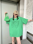 JL SUNFLOWER纯棉宽松短袖t恤女夏季蕾丝绿色重工亮片上衣潮