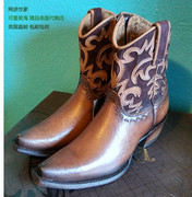 cuadra棕色牛皮手工尖头靴粗跟雕花，美国复古西部牛仔，靴真皮短靴女