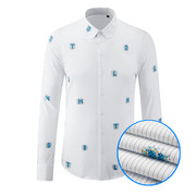 欧美轻奢男装走秀款竖条纹，蓝色字母提花长袖衬衫，高端商务修身衬衣