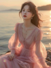 粉色雪纺连衣裙春款2024沙滩，裙女海边度假超仙法式甜美长裙子