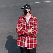 红色格子衬衫男时尚复古美式潮牌装2023春秋季高街宽松高级感