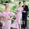 薇拉复古国风新中式园林主题，婚纱影楼服装紫色，鱼尾一字肩彩纱礼服