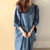韩国chic复古慵懒风圆领，高腰宽松口袋七分袖，水洗蓝牛仔连衣裙长裙