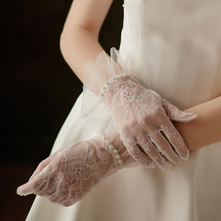 法式超仙白色蕾丝短款珍珠，花边婚礼晚宴写真，新娘婚纱手套wg048