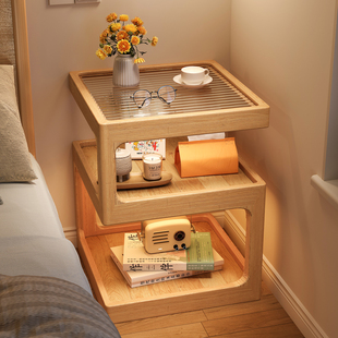 床头置物架实木床边收纳柜子储物柜窄缝矮柜子家用卧室简易小书架