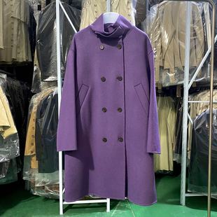 mm自制紫色高定款双面，呢大衣双排扣高领，纯色通勤中长款羊毛外套