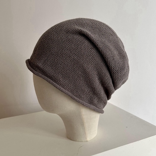 浅灰色深蓝色春夏薄款透气亚麻针织帽堆堆帽冷帽套头帽月子帽