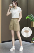 竖条纹短袖衬衫休闲高腰短裤，两件套女夏季韩系气质时尚套装