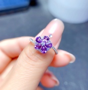 花瓣款天然紫水晶戒指女气质时尚925银镶嵌活口可调节银戒指水晶