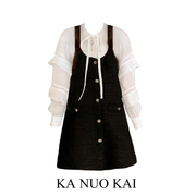 韩系百搭重工雪纺两件套+粗纺背心，裙小香法式连衣裙