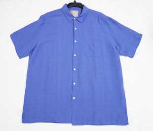 瑕疵外贸真丝绢纺男士短袖衬衫丝麻混纺休闲上衣蓝色A-521