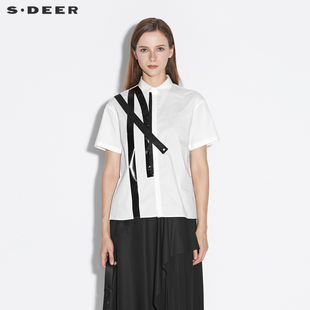 sdeer圣迪奥夏季时尚翻领撞色胶印拼接白色衬衫S21260430