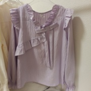 紫色蝴蝶结甜美衬衫女2024年春设计感荷叶，边v领法式气质上衣