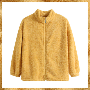 「加厚加绒」单件睡衣女士上装秋冬季秋黄色珊瑚绒保暖拉链家居服