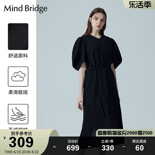 mbmindbridge女士黑色v领连衣裙夏季显瘦中长裙极简优雅收腰裙子