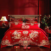 中式婚庆四件套全棉龙凤喜被结婚床上用品4件套大红纯棉六八件套