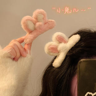 粉色可爱兔耳朵发夹，女毛茸茸刘海碎发边夹发卡头饰夹子兔年本命年