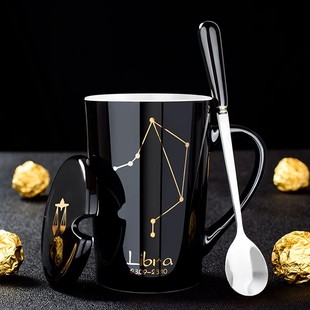 创意杯子陶瓷马克杯，带盖勺情侣水杯男生咖啡杯，家用茶杯办公室女生