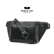 publiccat公务猫头层牛皮小众设计男士机车街头斜挎胸包真皮腰包
