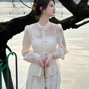 白色新中式套装女夏季轻国风网纱雪纺，衫上衣背心内搭半身裙三件套