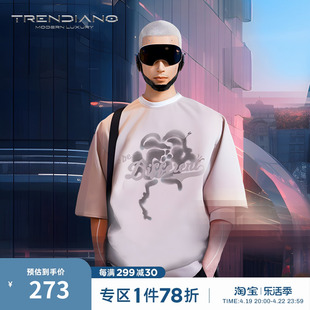 trendiano2023夏季水墨花卉，立体压花宽松圆领，纯棉短袖t恤