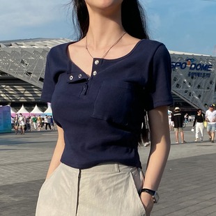 韩国ins夏季简约纯色纽扣半开圆领设计修身百搭短袖T恤女短款上衣