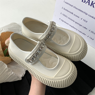 日系水钻魔术贴玛丽珍女鞋，2024夏季小众设计感厚底复古小白鞋