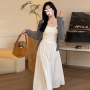 白色吊带连衣裙女2024夏季韩系初春法式小个子初恋收腰长裙