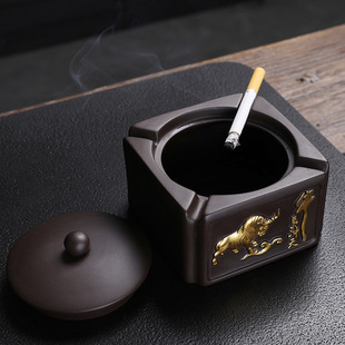 烟灰缸创意个性带盖紫砂牛气，冲天客厅办公复古烟灰缸，防异味防灰尘