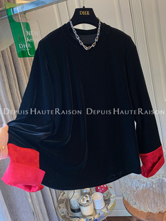 DHR 高级感超好看新中式国风丝绒拼接红色缎面衬衫上衣内搭女