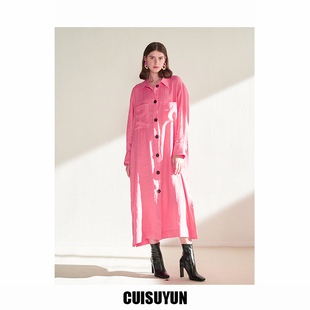 CUISUYUN独立设计师23年夏季亚麻衬衫连衣裙玫红色度假小众