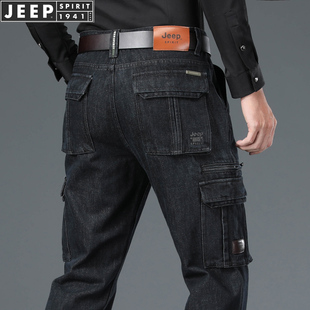 jeep吉普秋冬厚款多口袋，牛仔裤男士户外工装裤宽松直筒牛仔长裤子