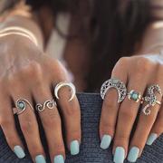 欧美跨境电商饰品关节戒指夸张海马月亮松石6件套戒指