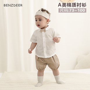 benzdeer韩国2024夏男宝宝领结，婴幼儿童百天周岁，礼服短袖纯棉衬衫