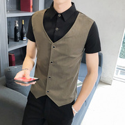 ktv马甲假两件套短袖衬衫，男生修身夏季酒吧服务员工作服衬衣背心