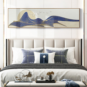 见日升轻奢新中式装饰画主，卧室床头墙挂画横幅抽象金色线条蓝色