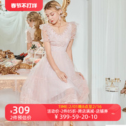 艾丽丝甜美粉色连衣裙女2024年夏季网纱荷叶，边优雅中长款裙子