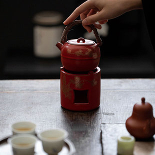 山楂红苏打釉炭火酒精炉陶瓷温，茶器烧水壶，茶具围炉藤编煮茶壶套装